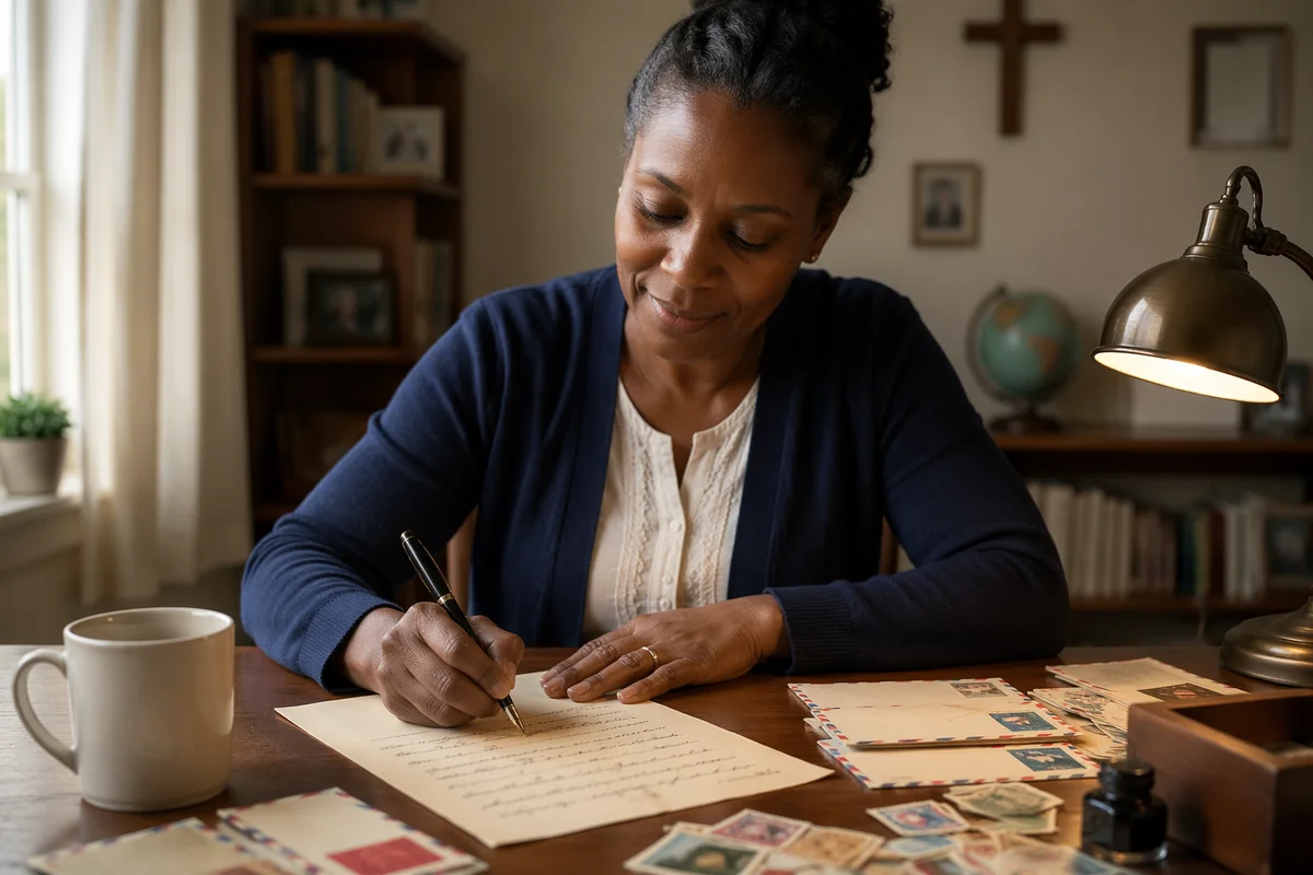 Woman Writing Letter at Wooden Desk