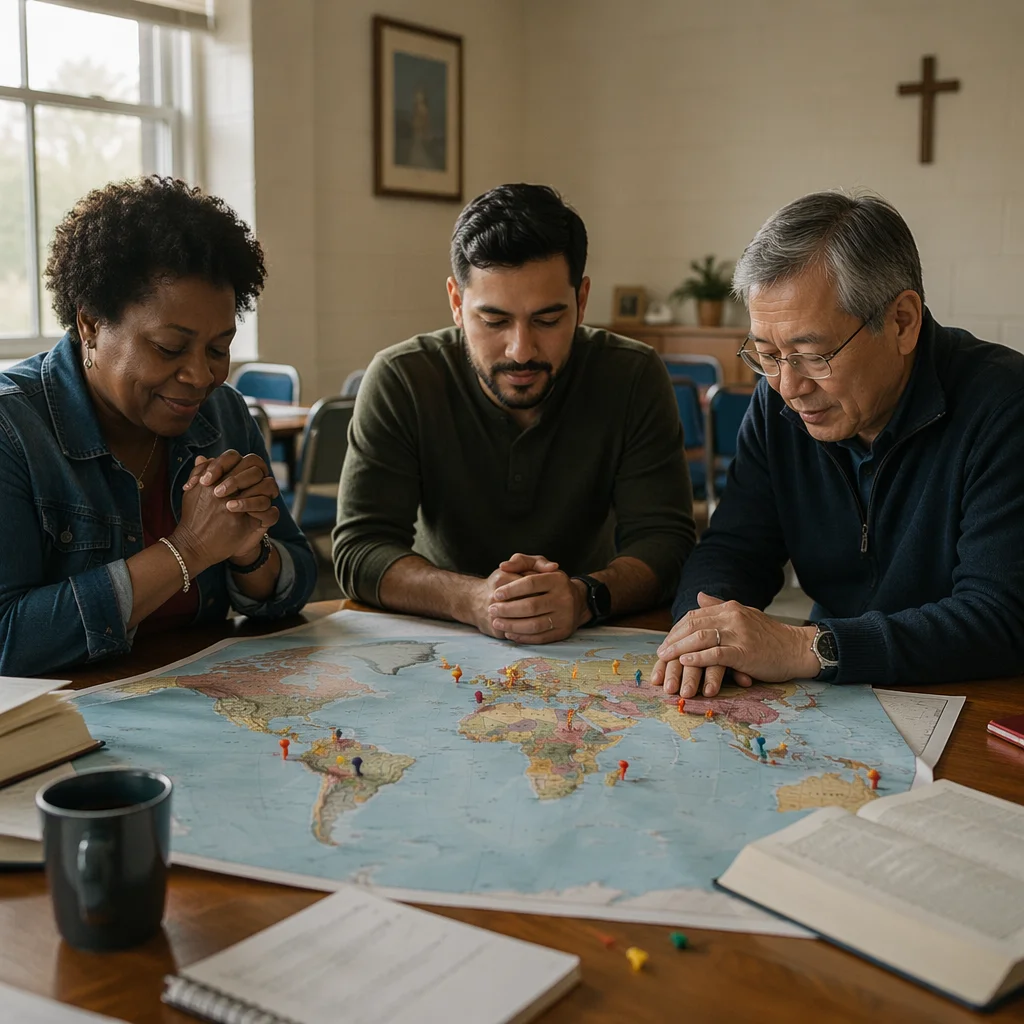 Small Group Praying Over World Map