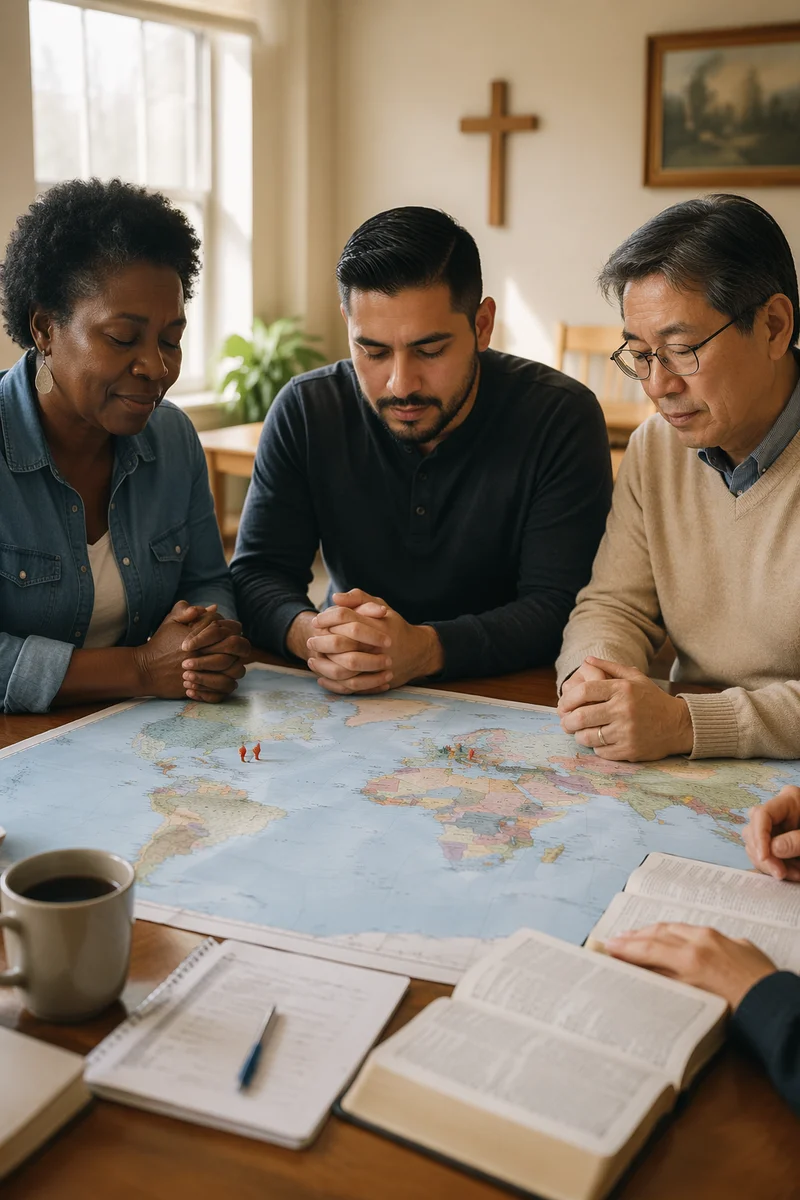Group Praying Over World Map