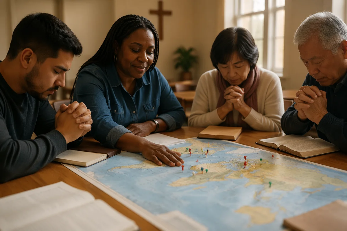 Prayer Group Around World Map Table