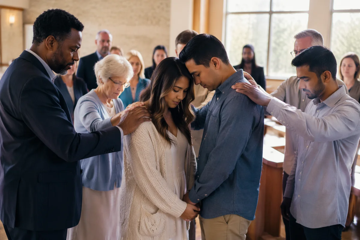 Prayer Over Couple in Church Sanctuary