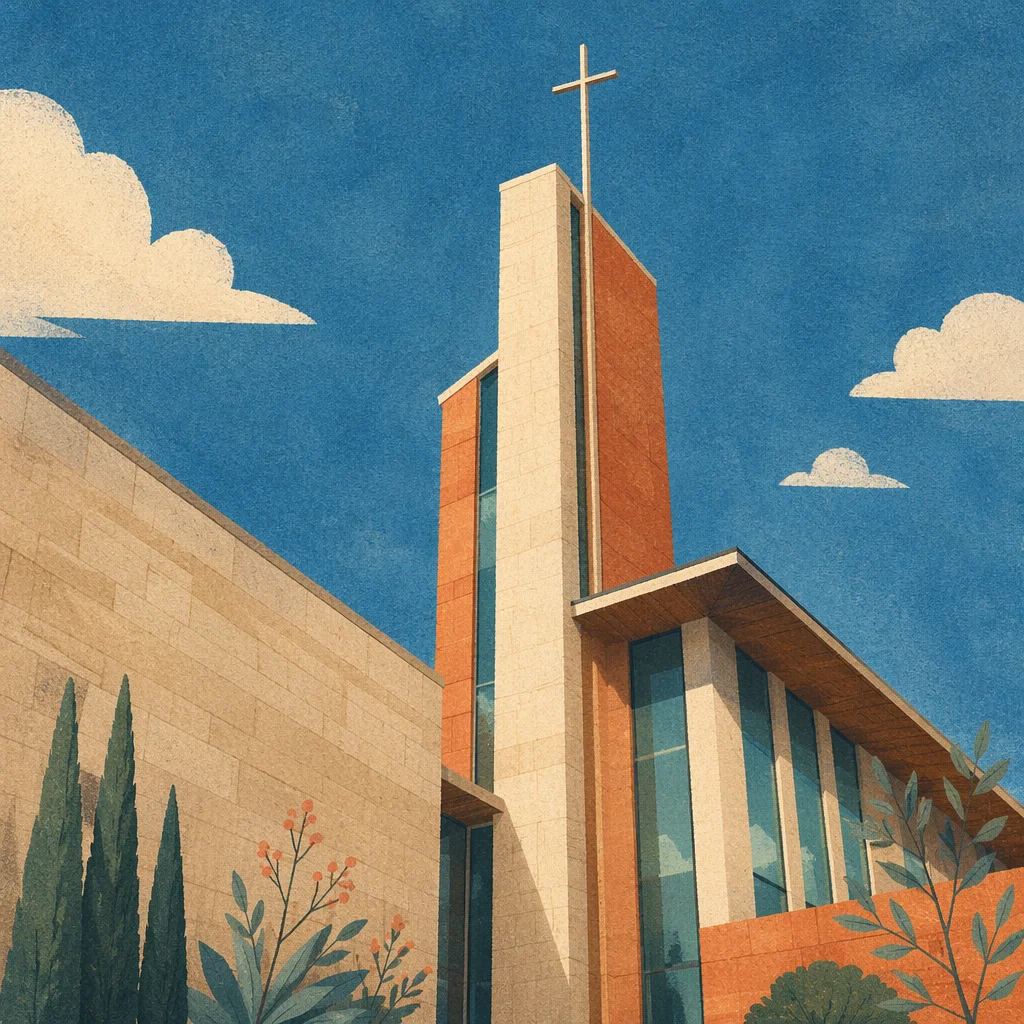 Modern Church Exterior with Tower and Cross