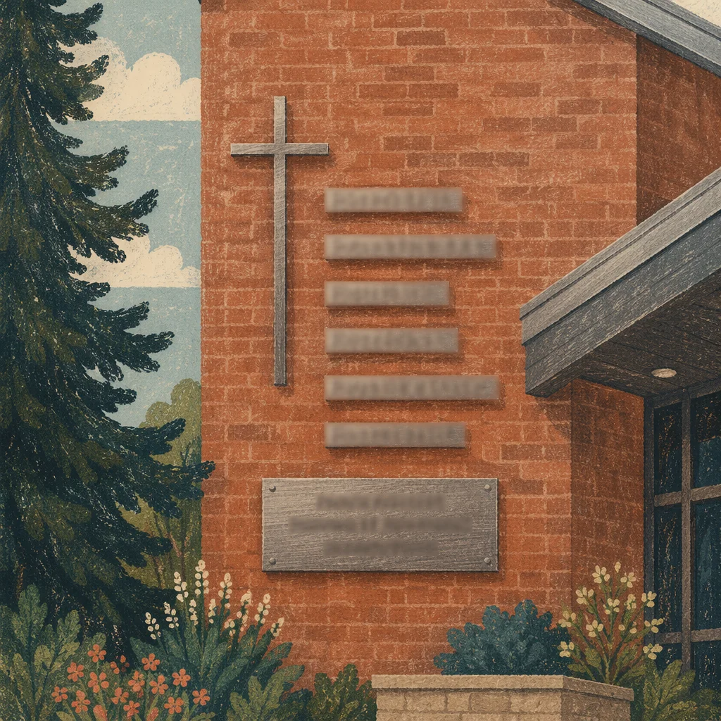 Modern Church Brick Facade with Blurred Sign