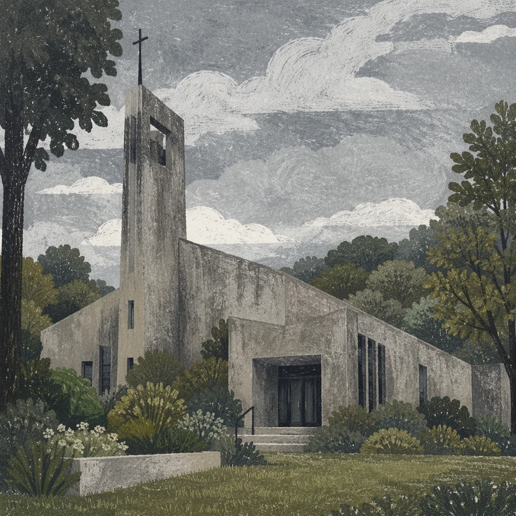 Modern Brutalist Church in Green Neighborhood