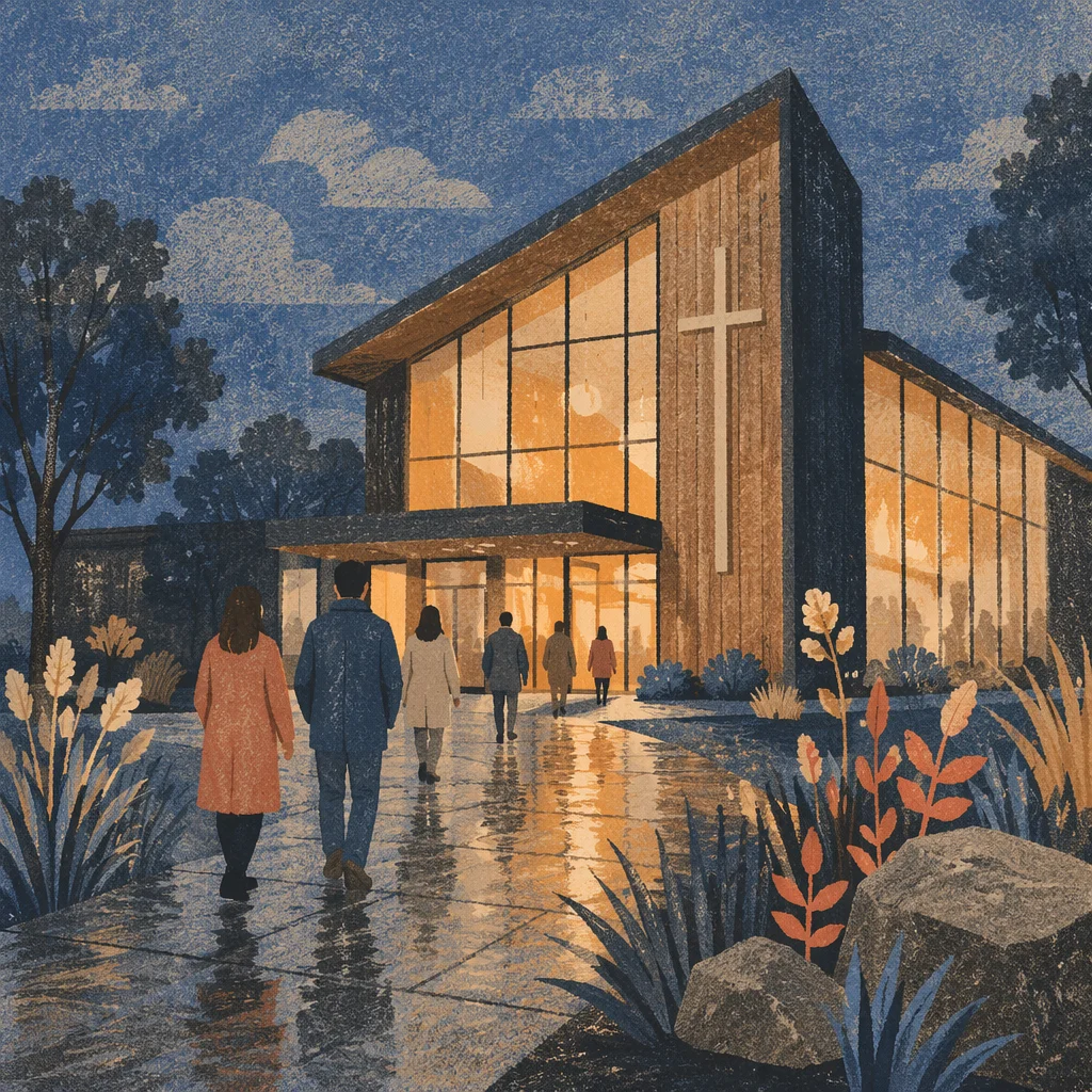 Modern Church Exterior at Rainy Blue Hour
