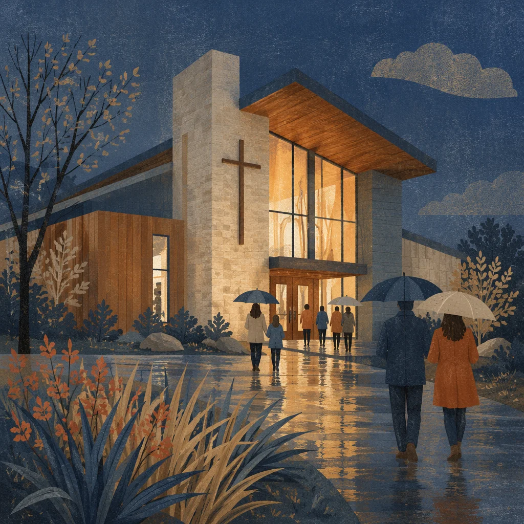 Modern Church Exterior at Rainy Blue Hour