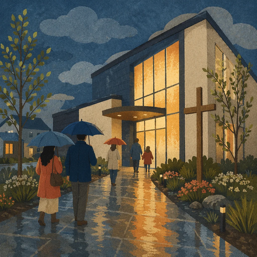 Modern Church Exterior After Spring Rain