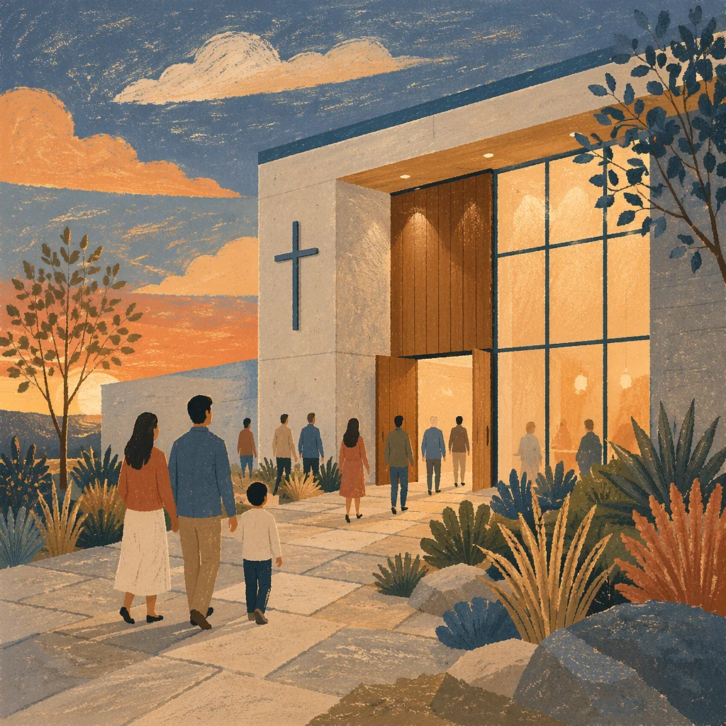 Modern Church Exterior at Golden Evening