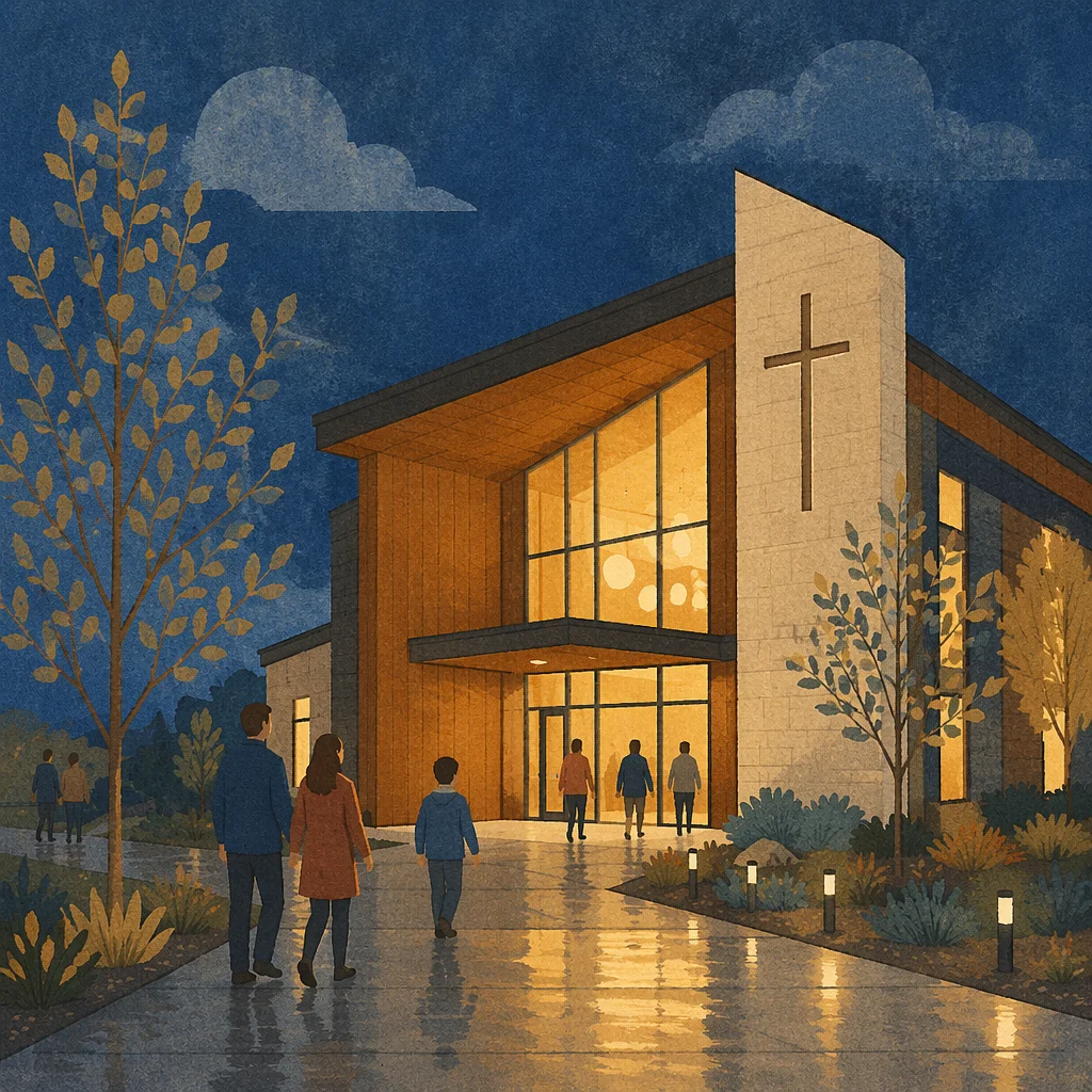 Modern Church Exterior at Peaceful Blue Hour
