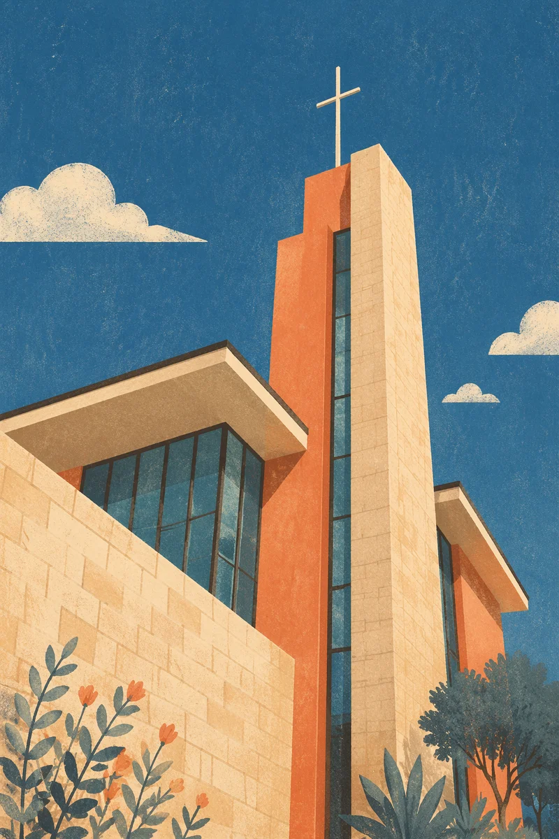 Modern Church Exterior with Tower Cross