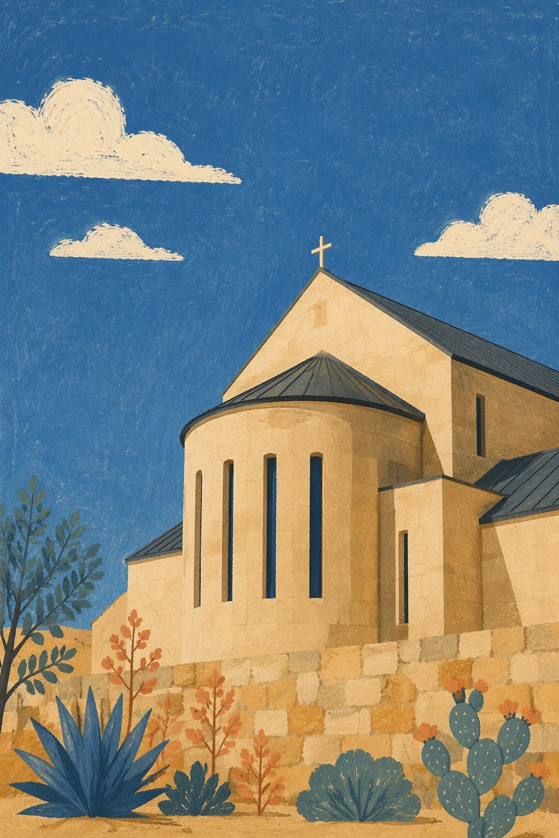Modern Limestone Church Under Clear Blue Sky