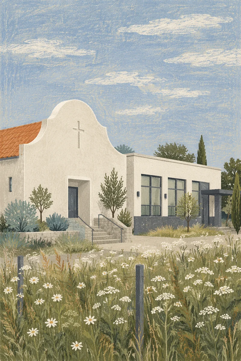 Modern Minimalist Church Exterior with Meadow