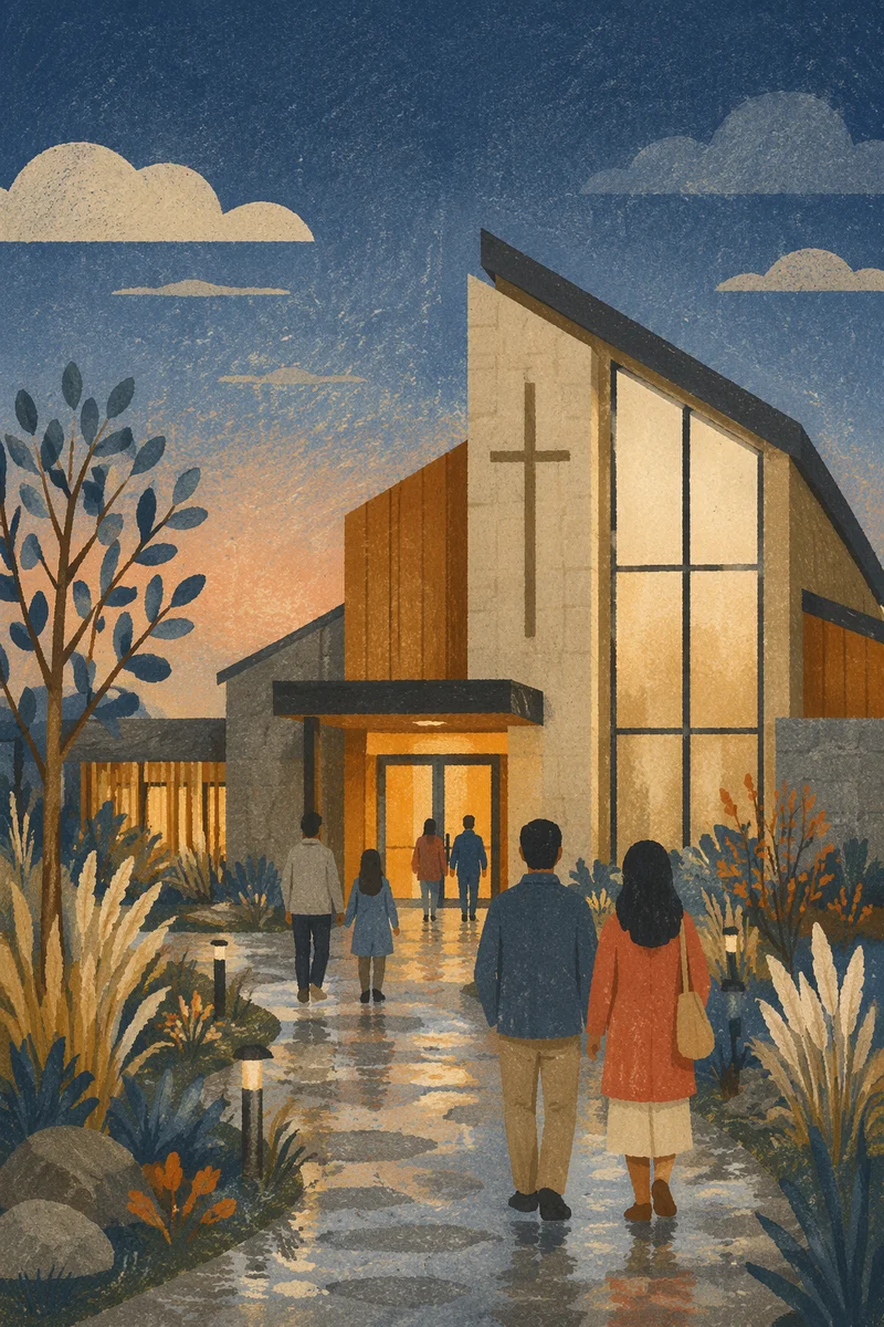 Modern Church Exterior at Peaceful Twilight