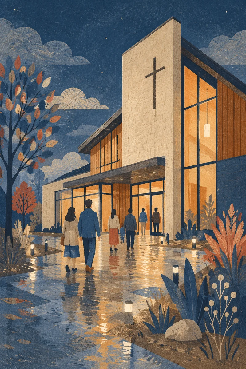 Modern Church Exterior at Rainy Blue Hour