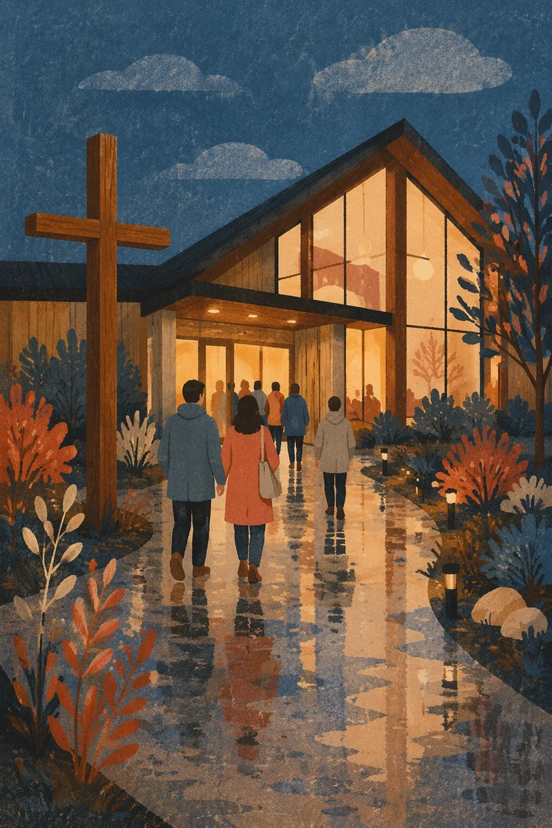 Modern Church Exterior at Rainy Blue Hour