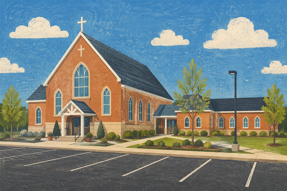 Modern Suburban Church Exterior on Clear Day