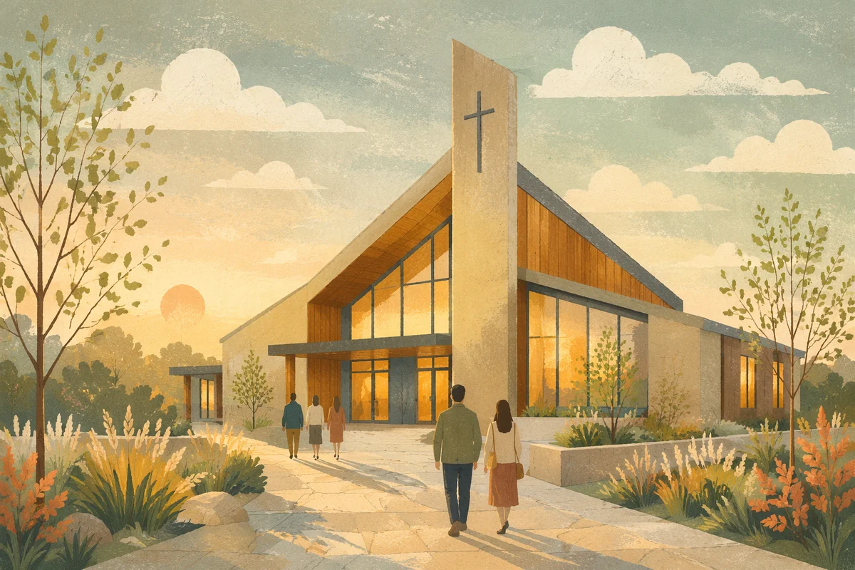 Modern Church Exterior at Peaceful Sunrise