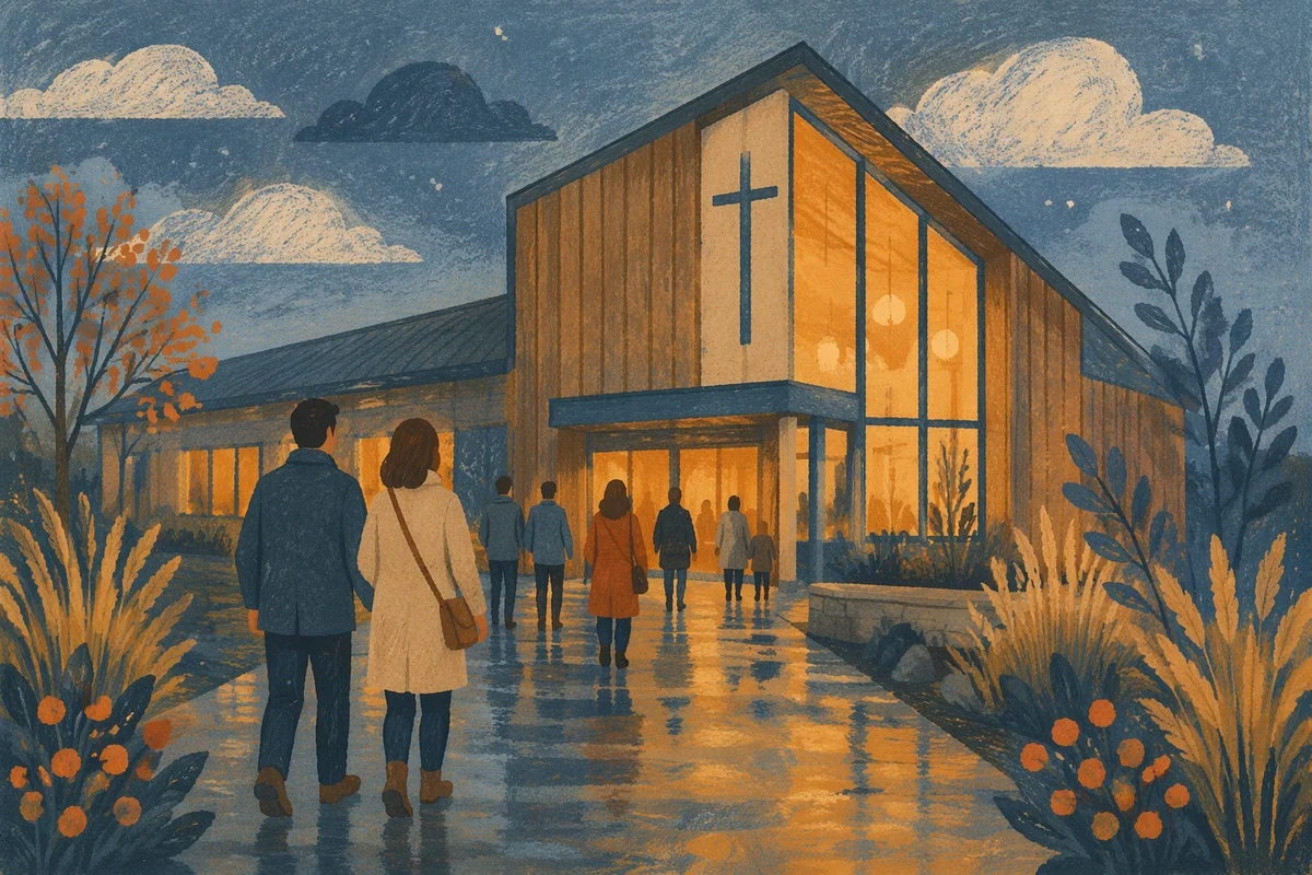 Modern Church Exterior at Rainy Blue Hour