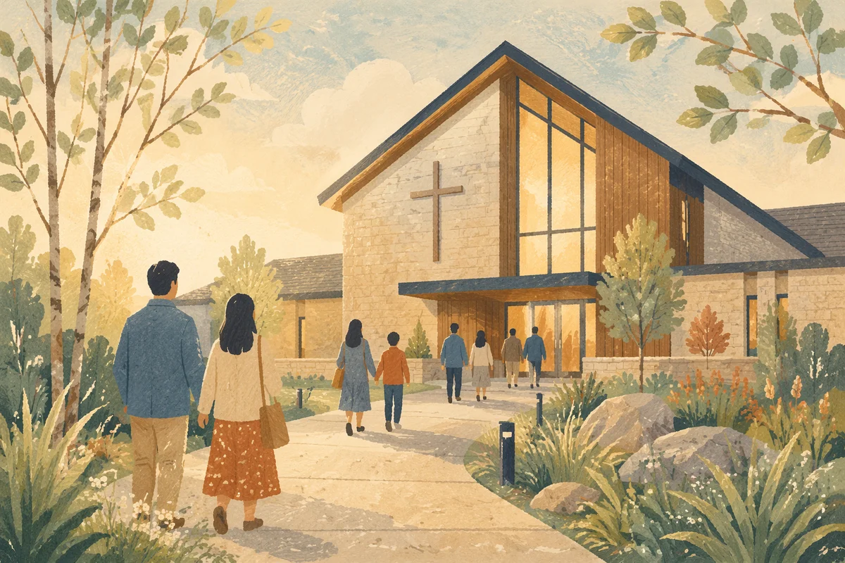 Modern Church Exterior on Peaceful Sunday Morning