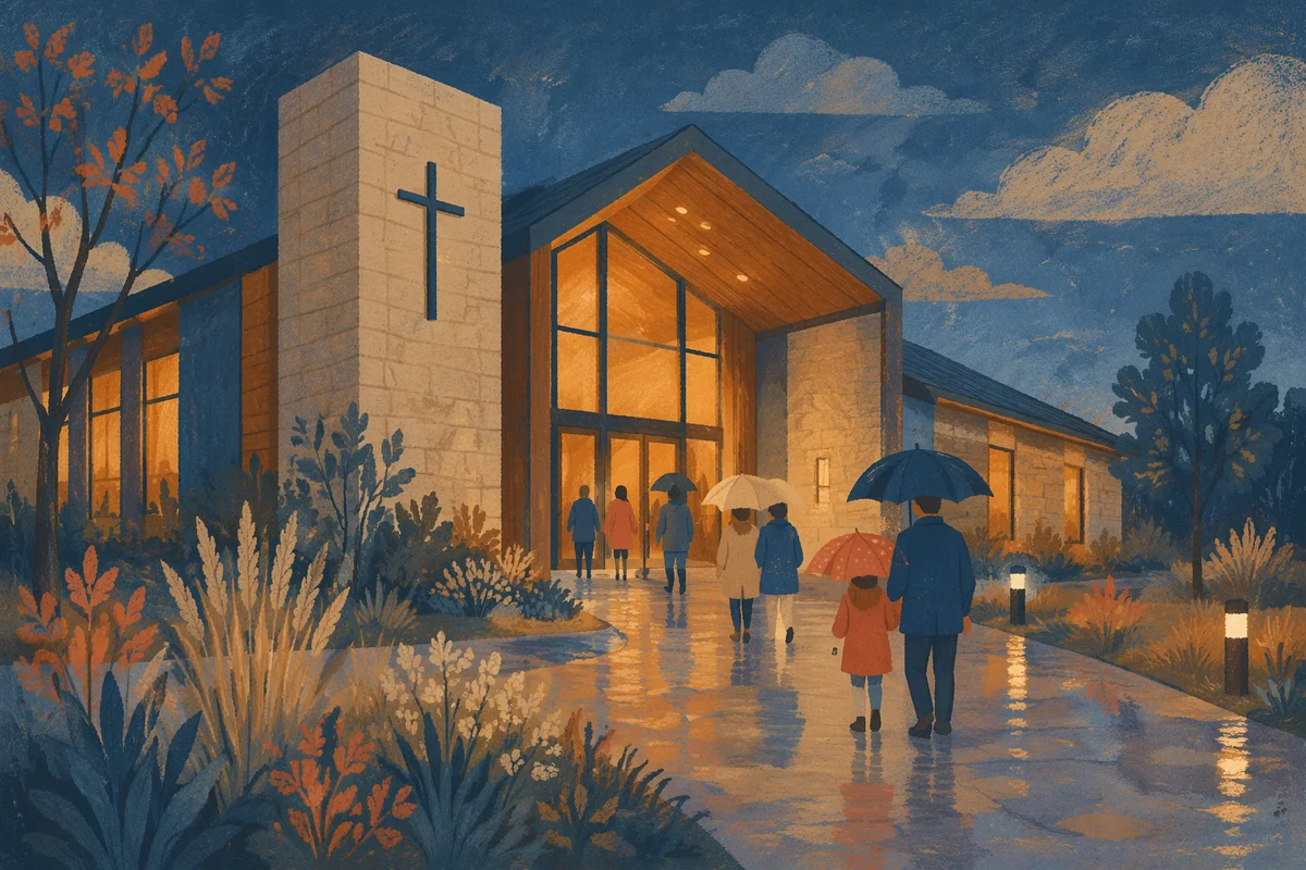Modern Church Entrance After Rain