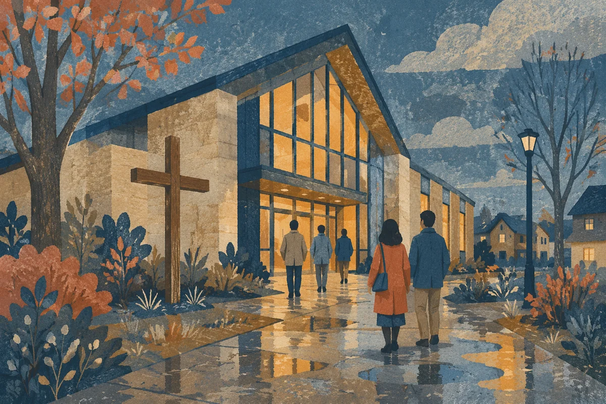 Welcoming Modern Church Exterior at Rainy Dusk
