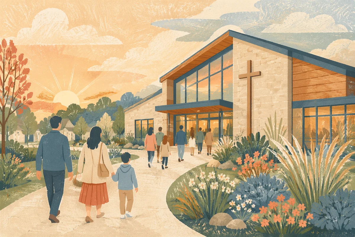 Welcoming Modern Church Exterior at Sunrise