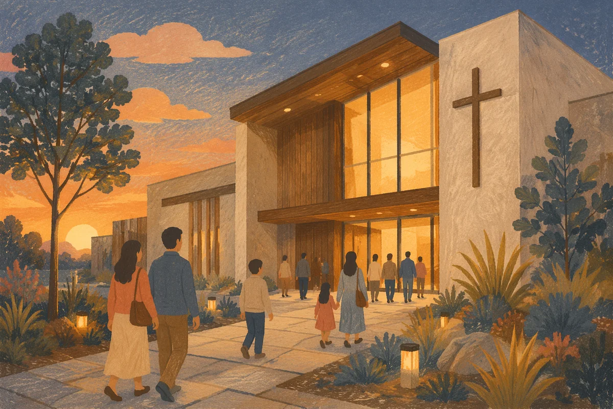 Modern Church Exterior at Golden Evening