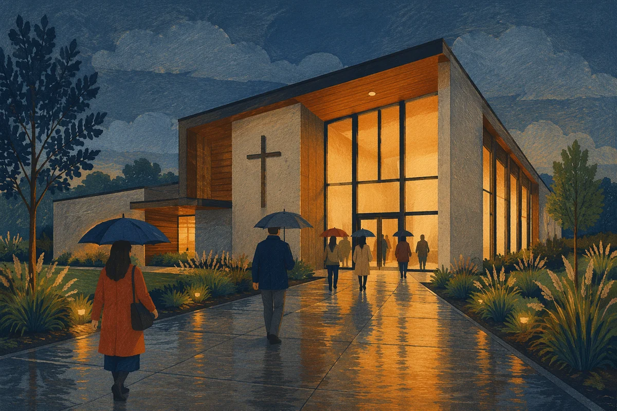 Modern Church Exterior at Rainy Blue Hour