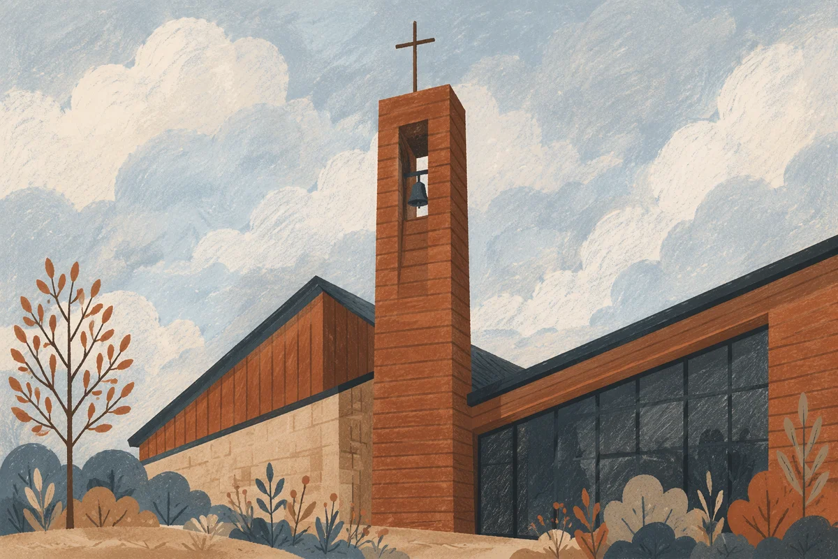 Modern Church Exterior with Wooden Bell Tower
