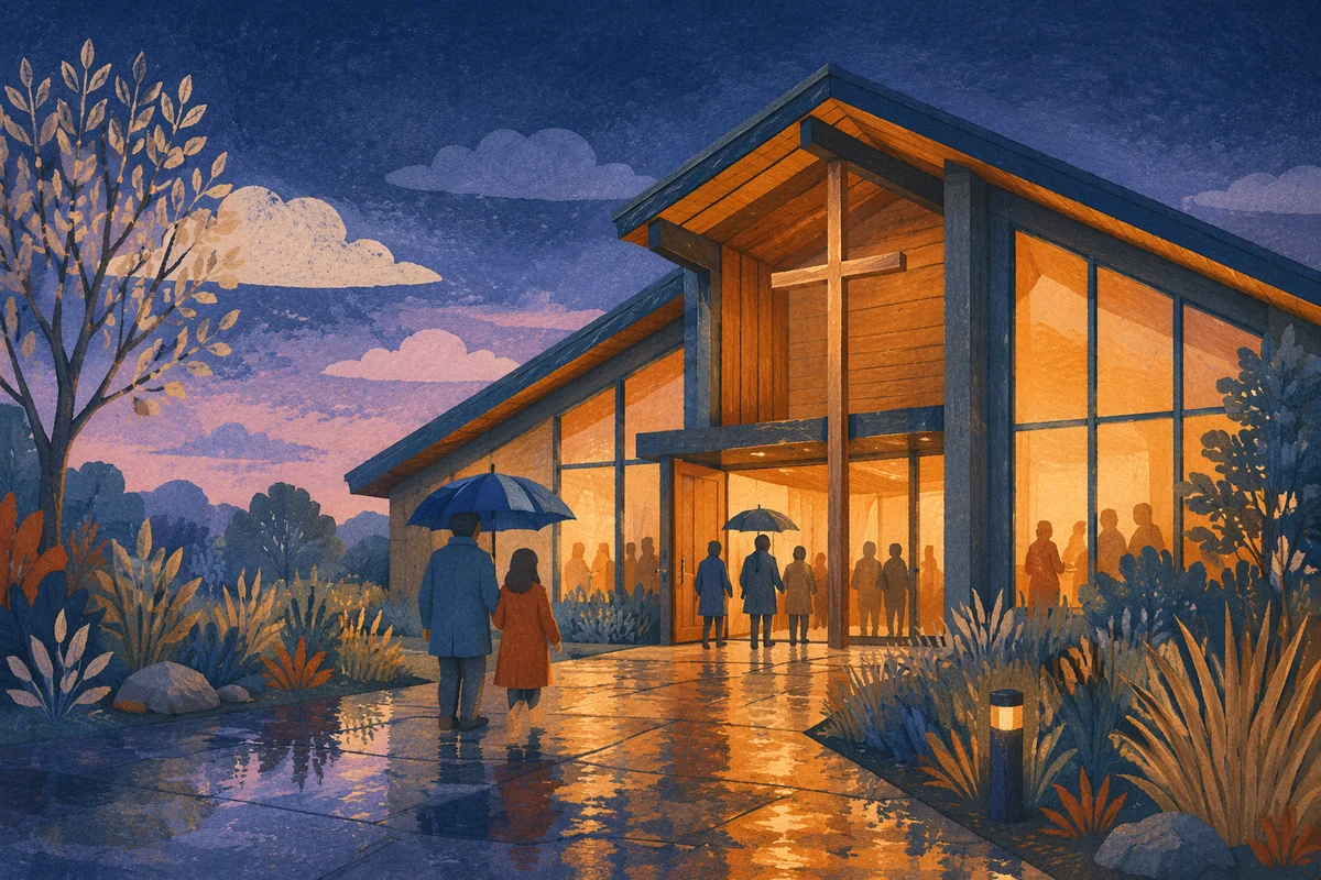 Modern Church Exterior After Evening Rain