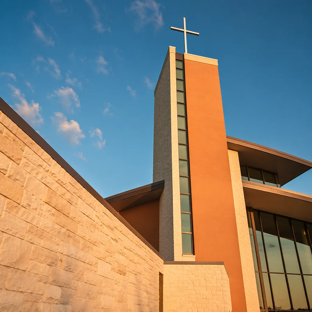 Modern Church Exterior with Tower Cross
