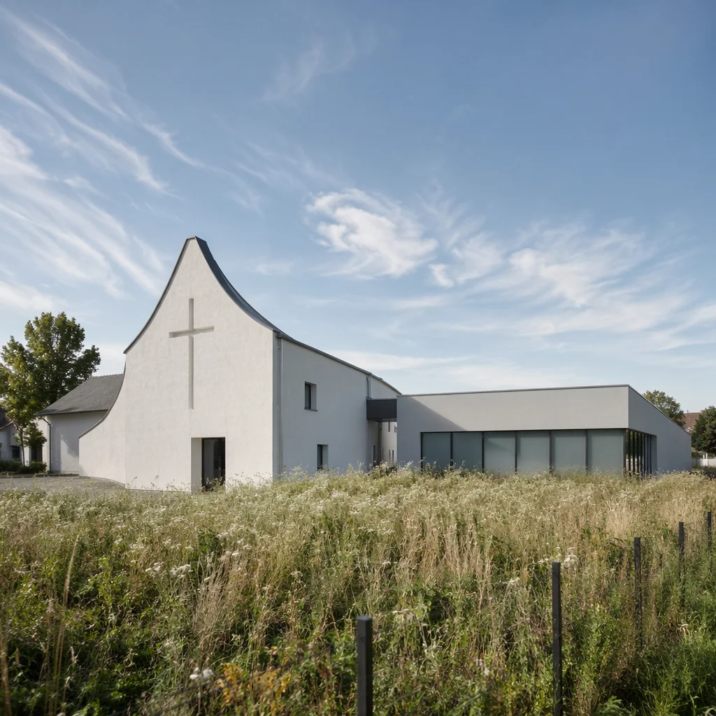 Modern Minimalist Church Exterior in Meadow