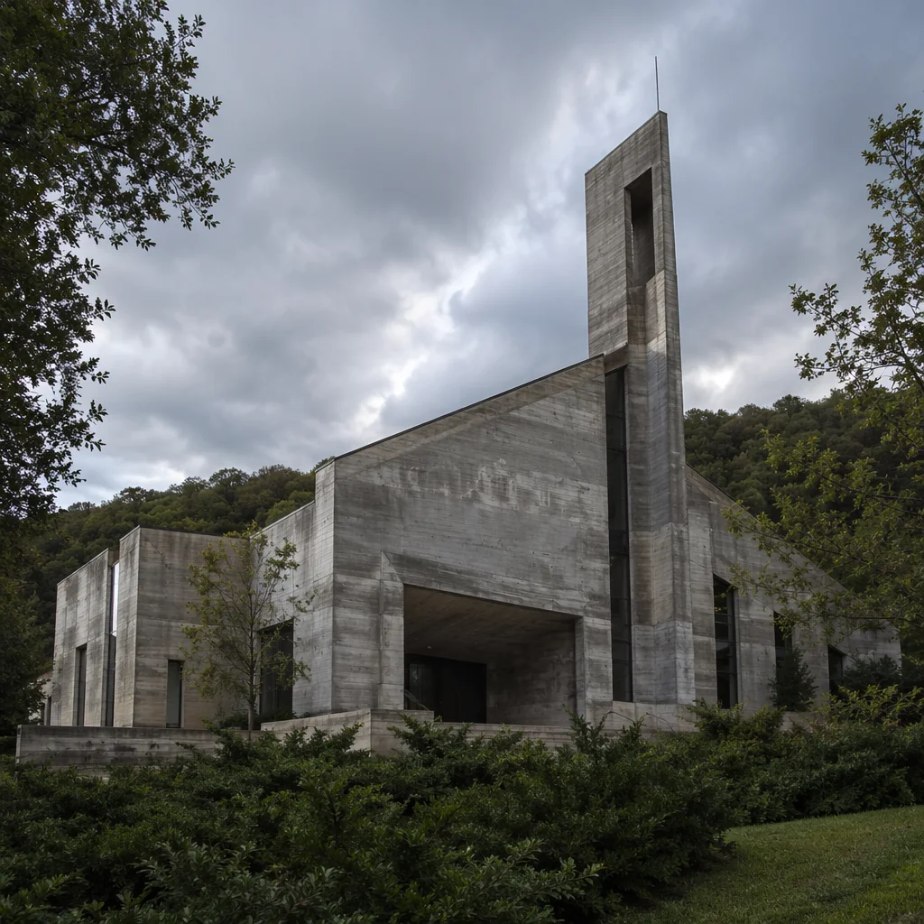 Modern Brutalist Church Exterior in Green Neighborhood