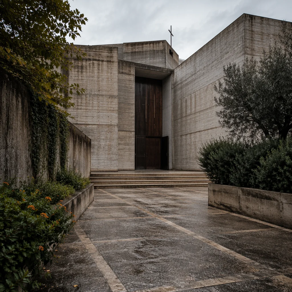 Modern Brutalist Church Courtyard Entrance