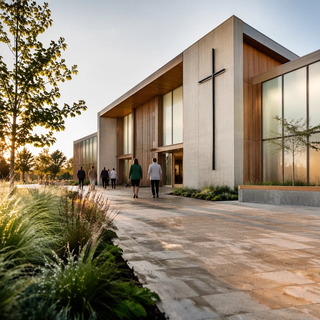 Modern Church Exterior in Golden Morning Light
