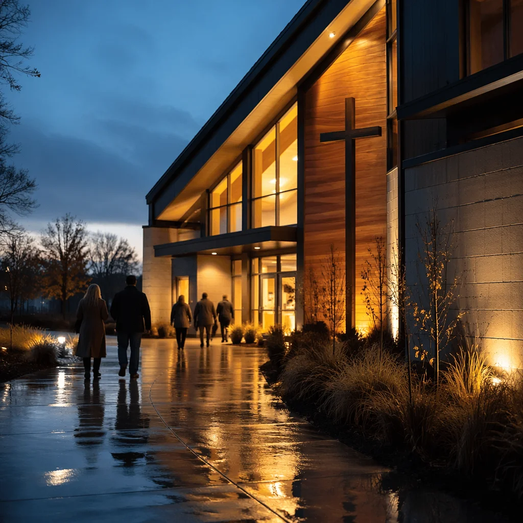 Modern Church Exterior at Rainy Blue Hour