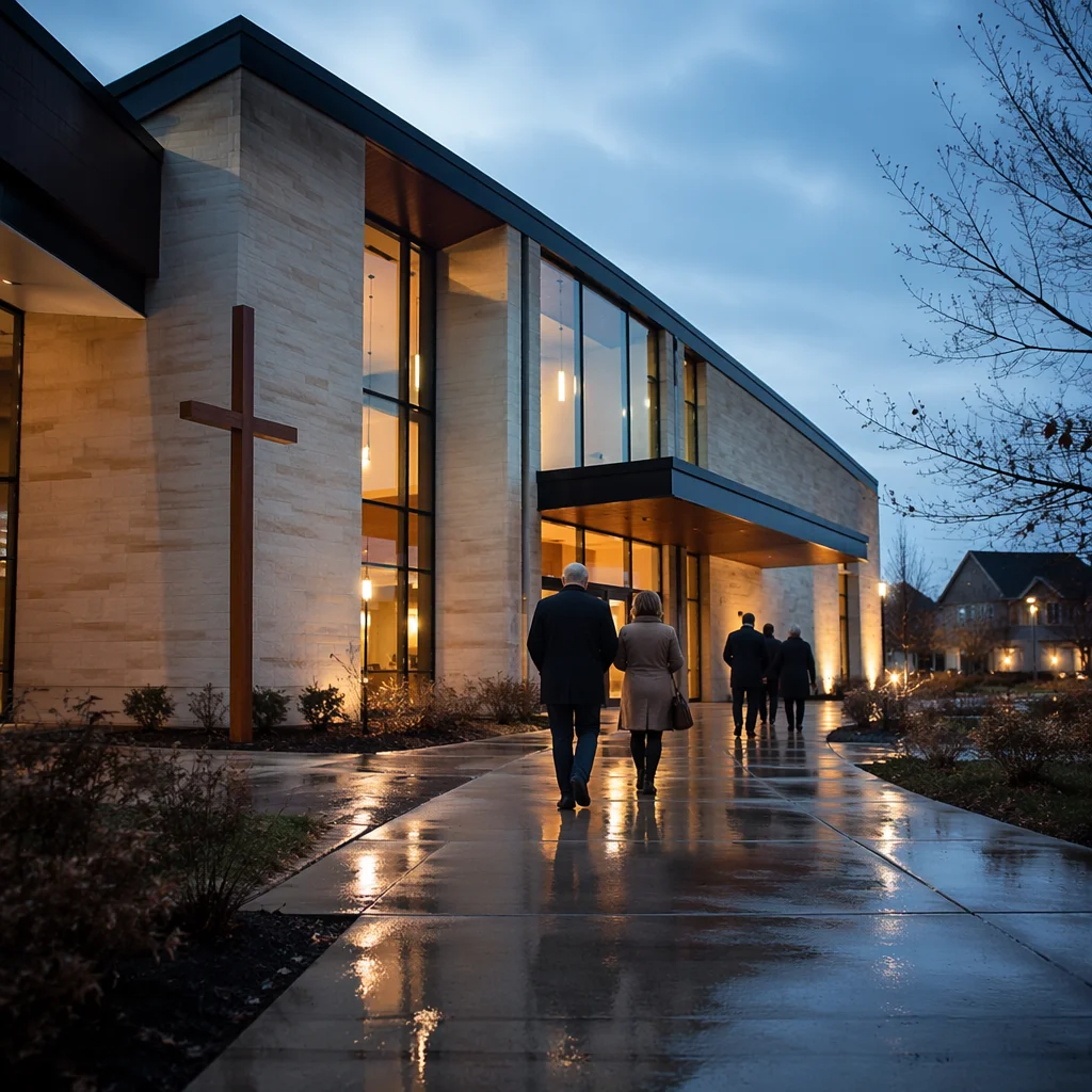 Modern Church Exterior After Rain