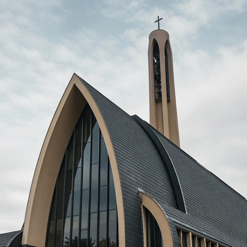 Modern Church Exterior with Bell Tower