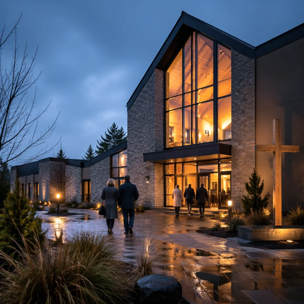 Modern Church Exterior at Rainy Blue Hour