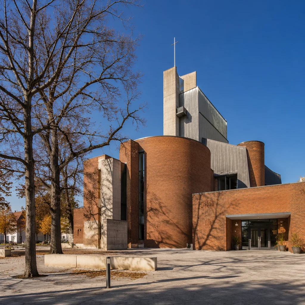 Modern Brick Church Exterior in Sunlit Courtyard