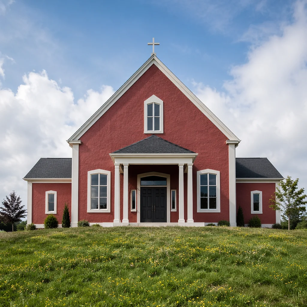 Modern Neighborhood Church Exterior with Green Lawn