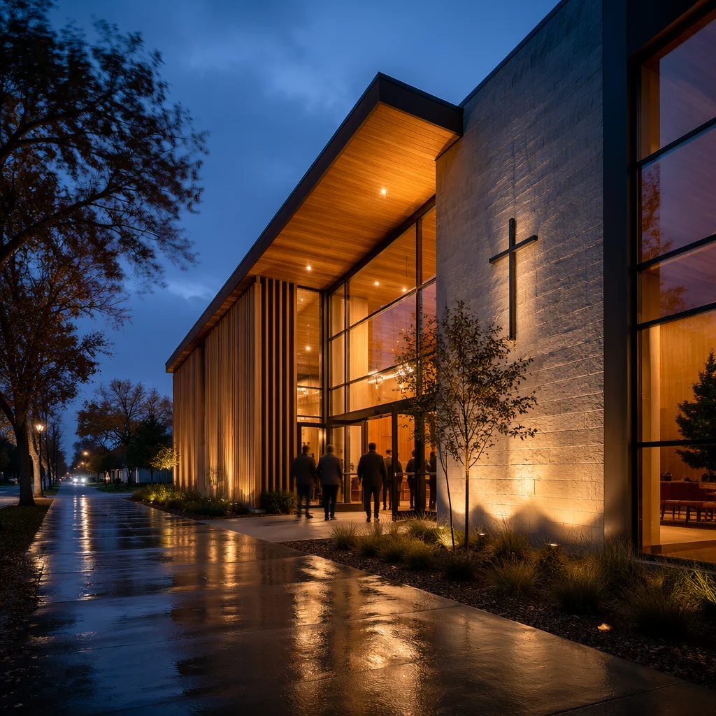 Modern Church Exterior at Peaceful Blue Hour