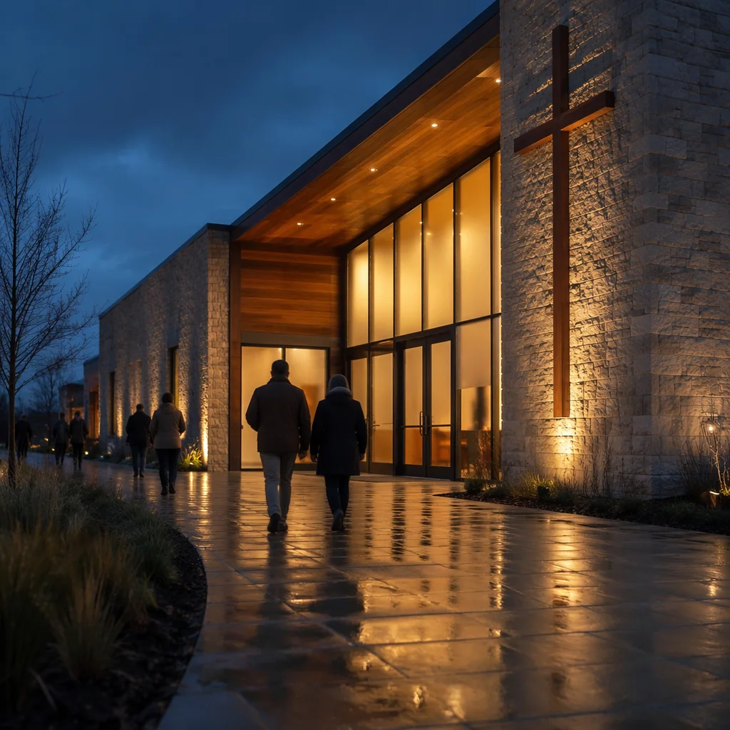 Modern Church Exterior at Rainy Blue Hour