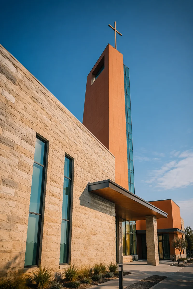 Modern Church Exterior with Tower Cross