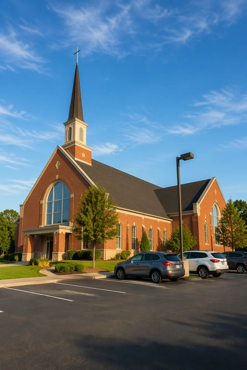 Modern Suburban Church Exterior With Steeple