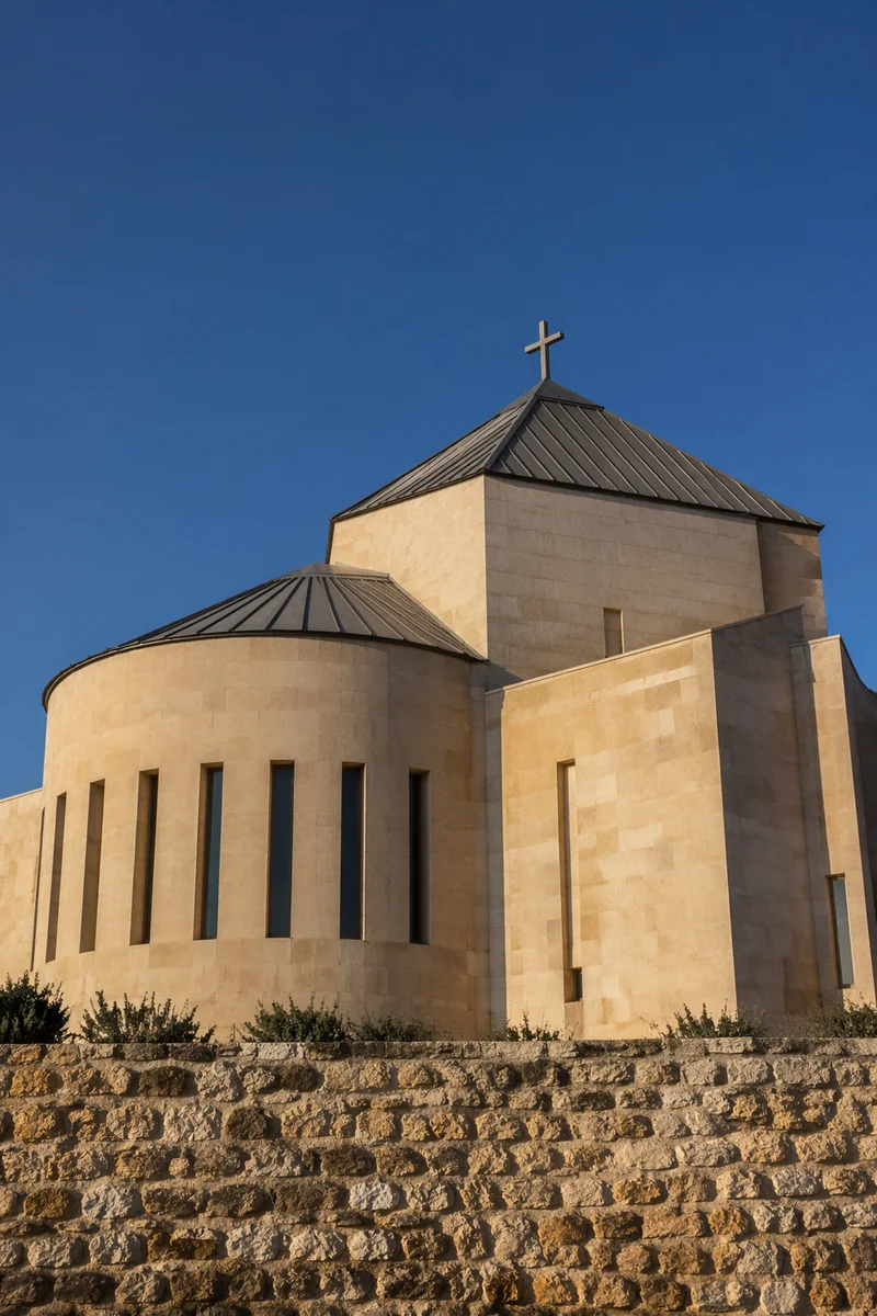 Modern Limestone Church Under Blue Sky
