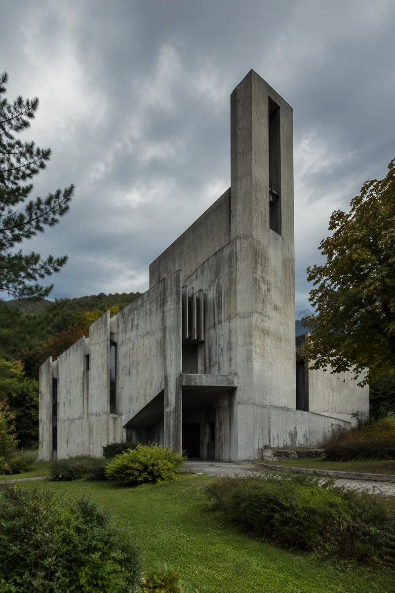 Modern Brutalist Church Exterior in Overcast Neighborhood