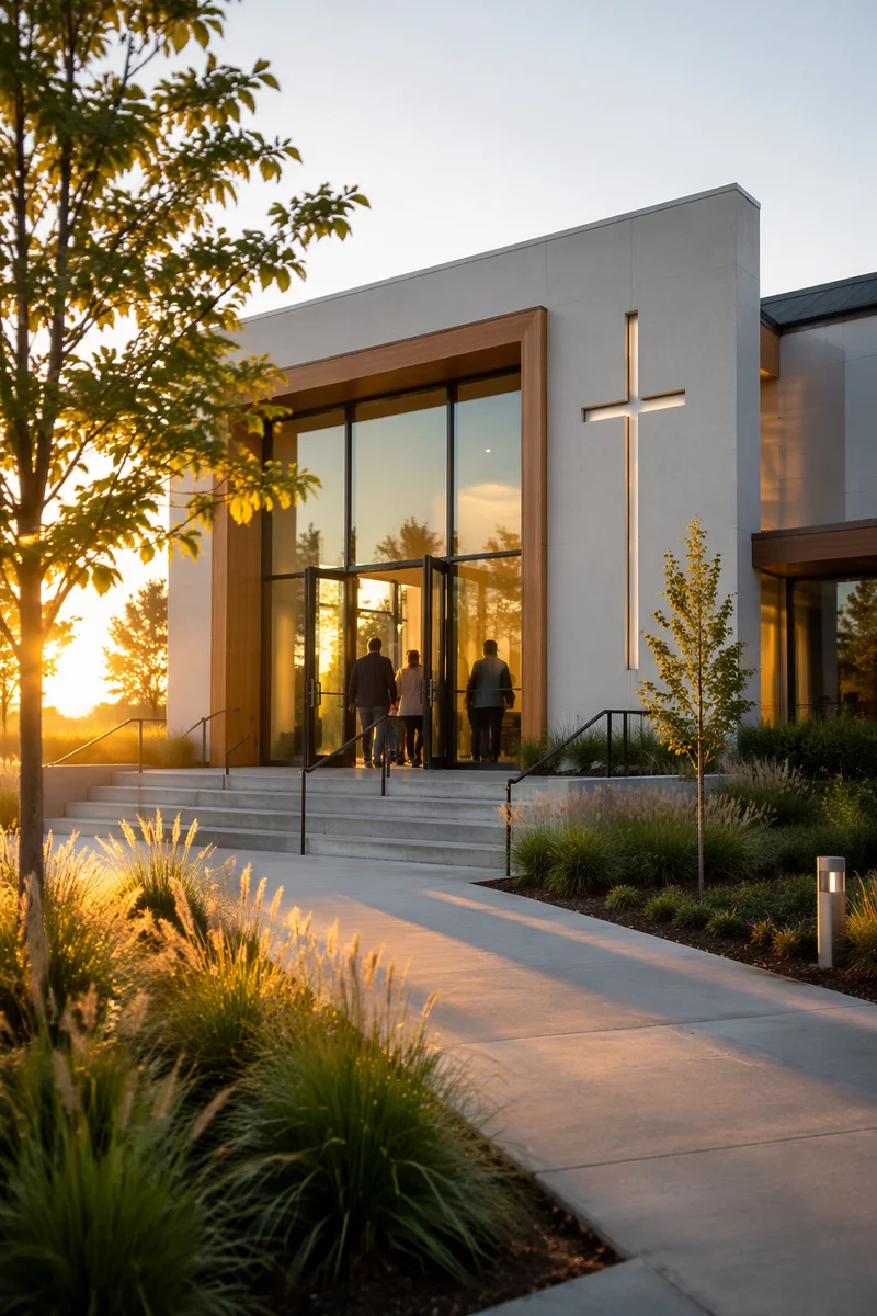 Modern Church Exterior at Sunday Sunrise