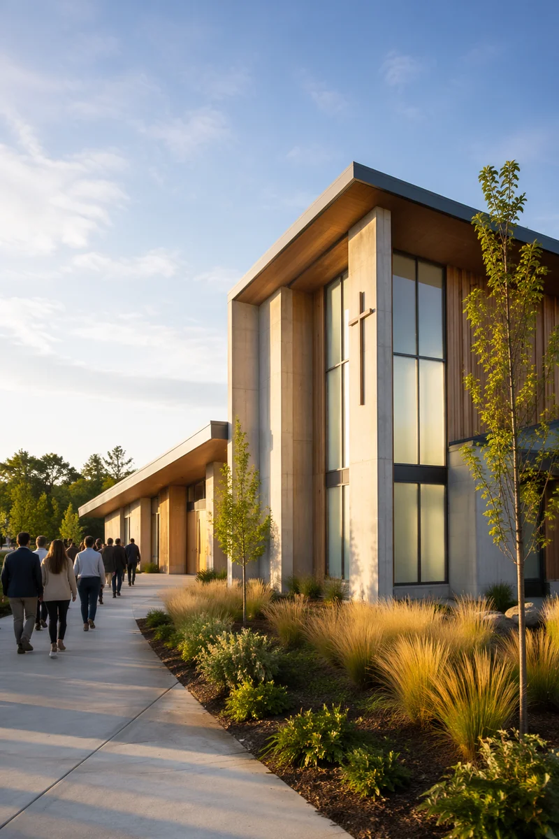 Modern Church Exterior on Sunday Morning
