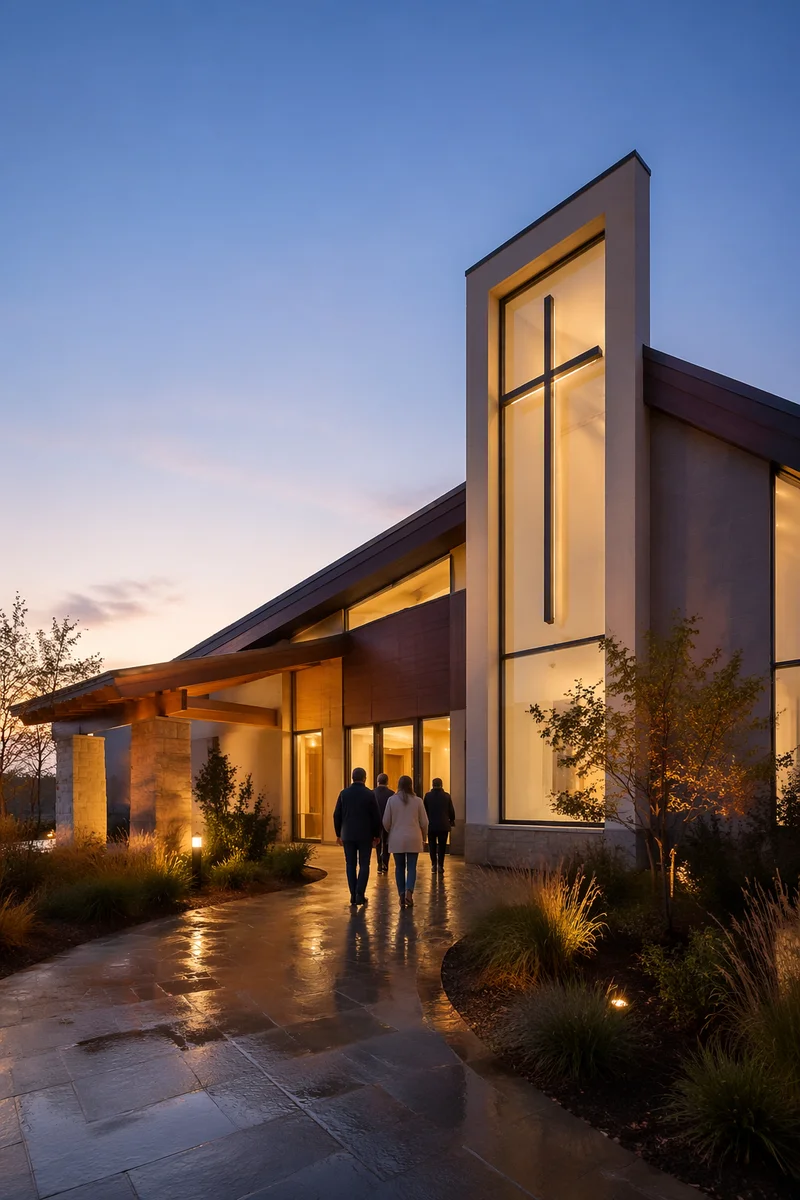 Modern Church Exterior at Blue Hour